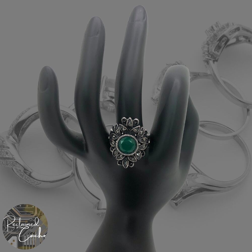 Silver and Green Rhinestone Statement Ring - Size 9